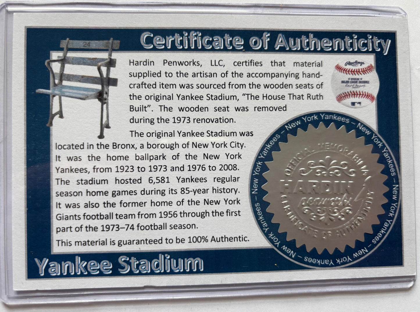 Yankee Stadium Ballpoint Pen Hand Turned Using Genuine 1923 Reclaimed Wood from Stadium Seat - Certificate of Authenticity Included.