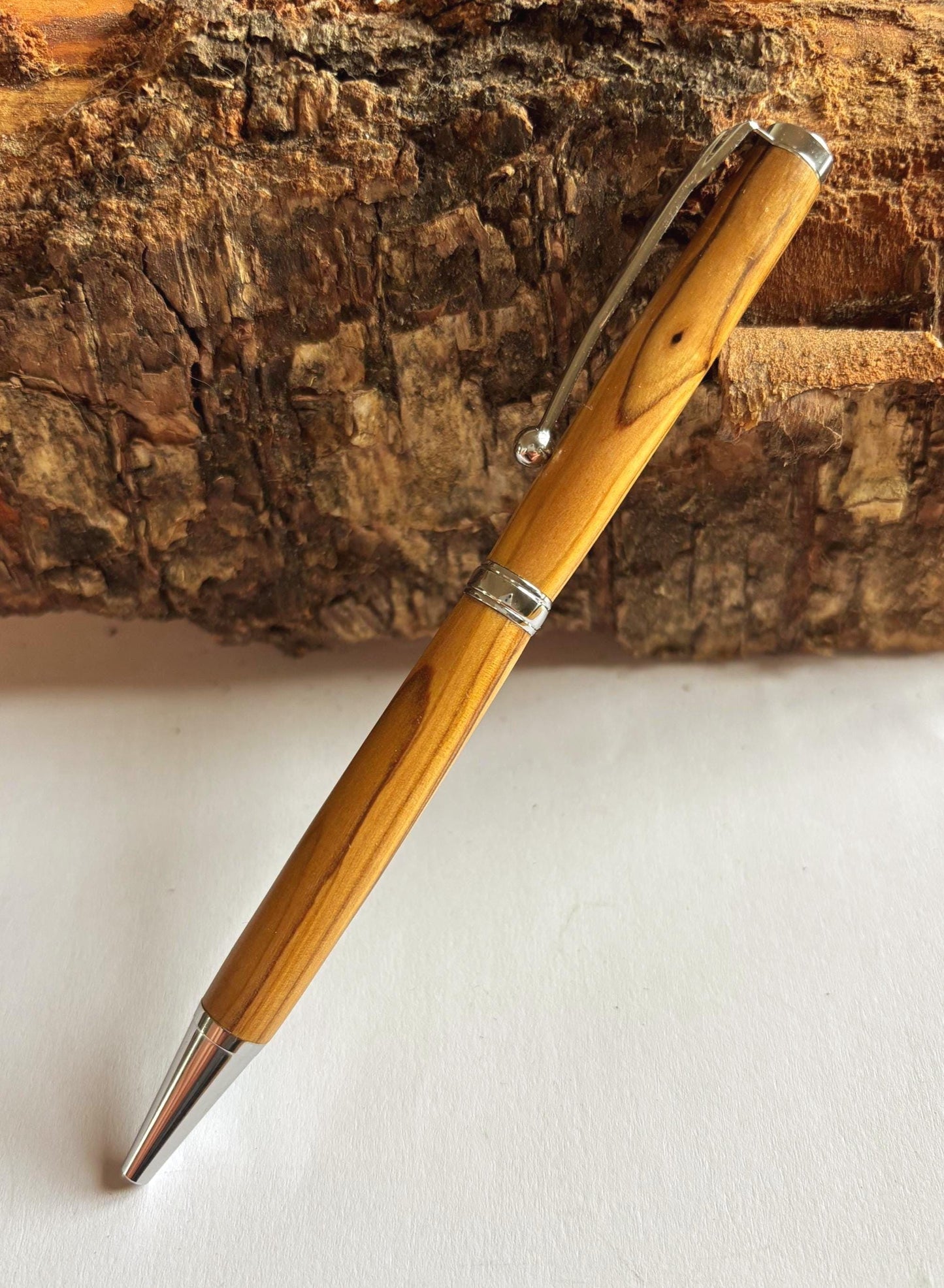 Bethlehem Olive Wood Ballpoint Pen - Chrome Fittings, Slimline