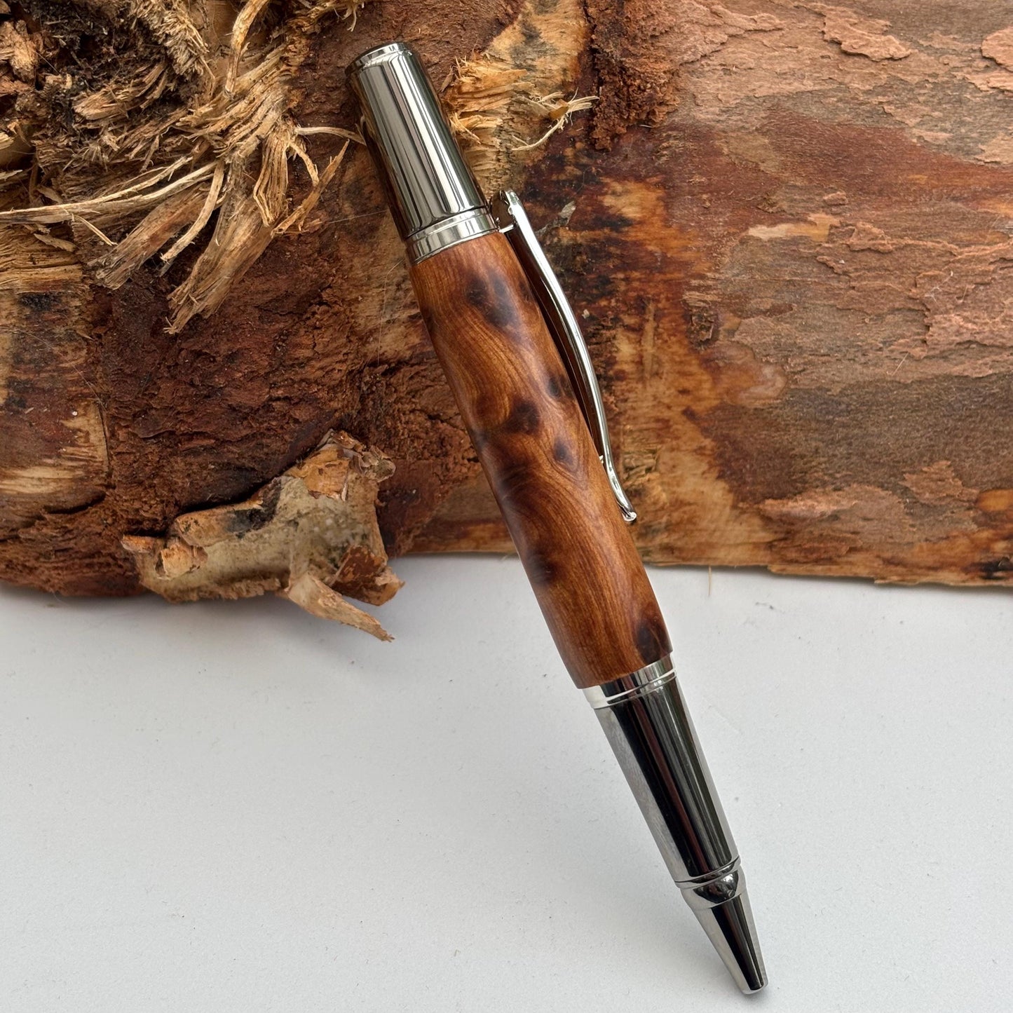 Artisan Handmade Thuya Burl Pen Black Titanium with Rhodium Accents | Elegant Twist Ballpoint | Executive Desk Pen