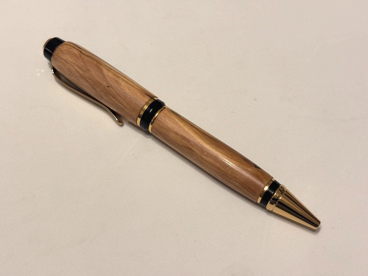 Holy Land Ballpoint Pen - Bethlehem Olive Wood - Gold and Black Fittings, Chunky Cigar Style Pen, Beautiful Patterned Grain, Totally Unique