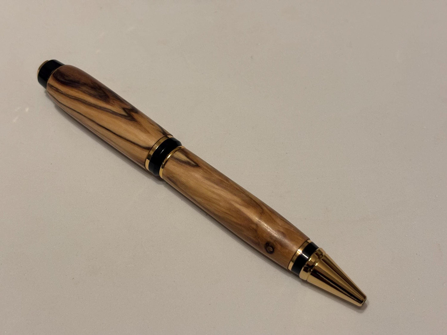 Holy Land Ballpoint Pen - Bethlehem Olive Wood - Gold and Black Fittings, Chunky Cigar Style Pen, Beautiful Patterned Grain, Totally Unique