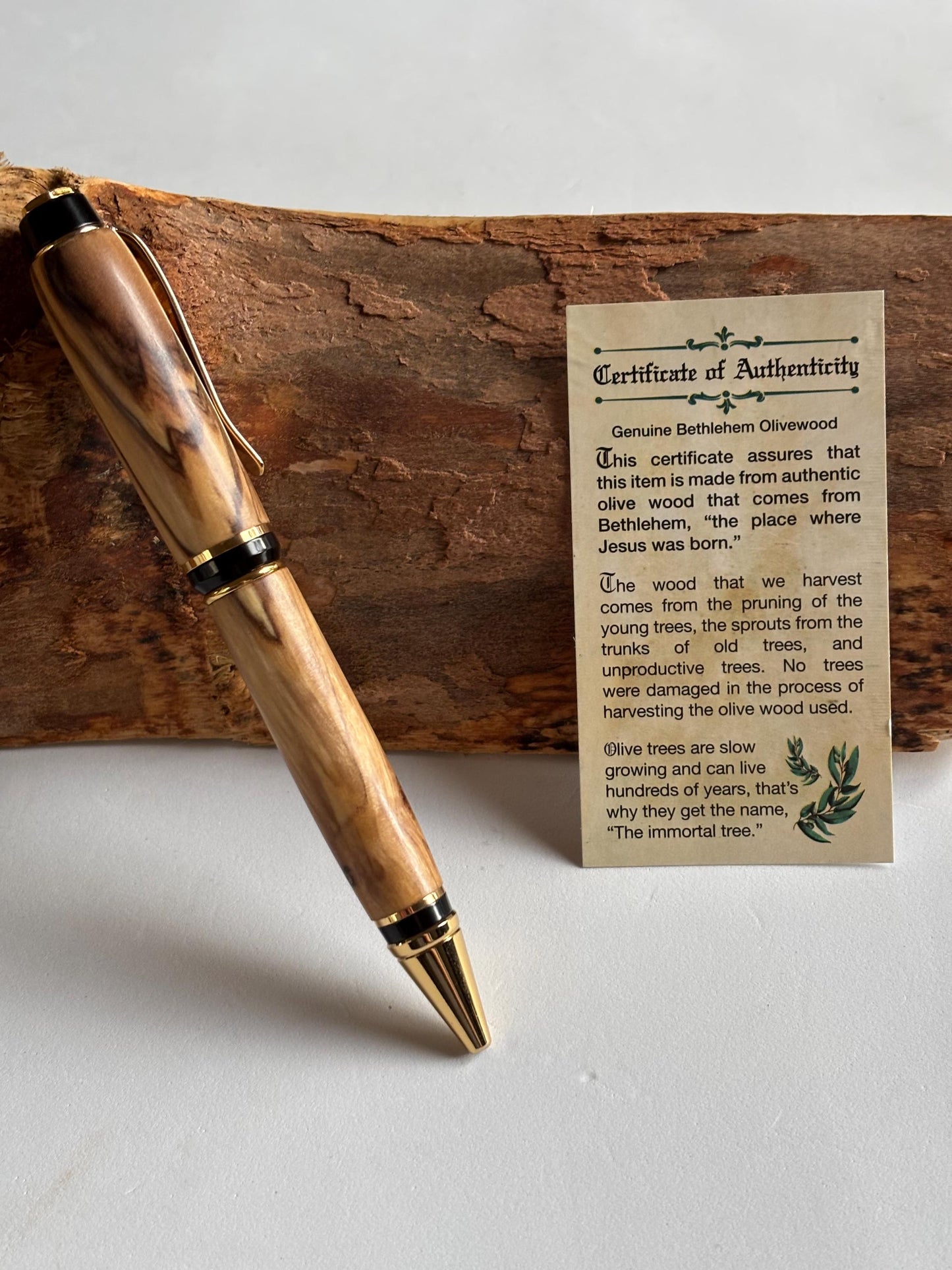 Holy Land Ballpoint Pen - Bethlehem Olive Wood - Gold and Black Fittings, Chunky Cigar Style Pen, Beautiful Patterned Grain, Totally Unique