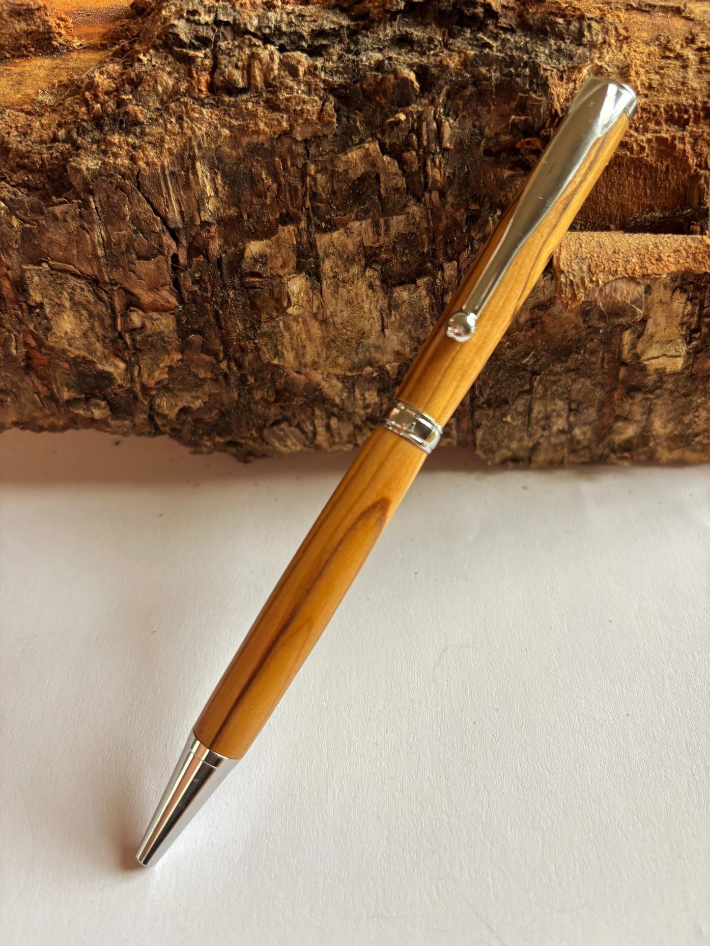 Bethlehem Olive Wood Ballpoint Pen - Chrome Fittings, Slimline