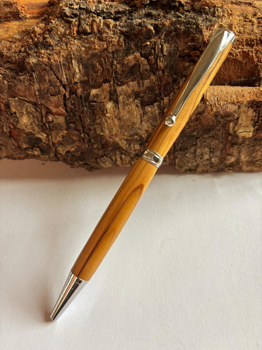 Bethlehem Olive Wood Ballpoint Pen - Chrome Fittings, Slimline