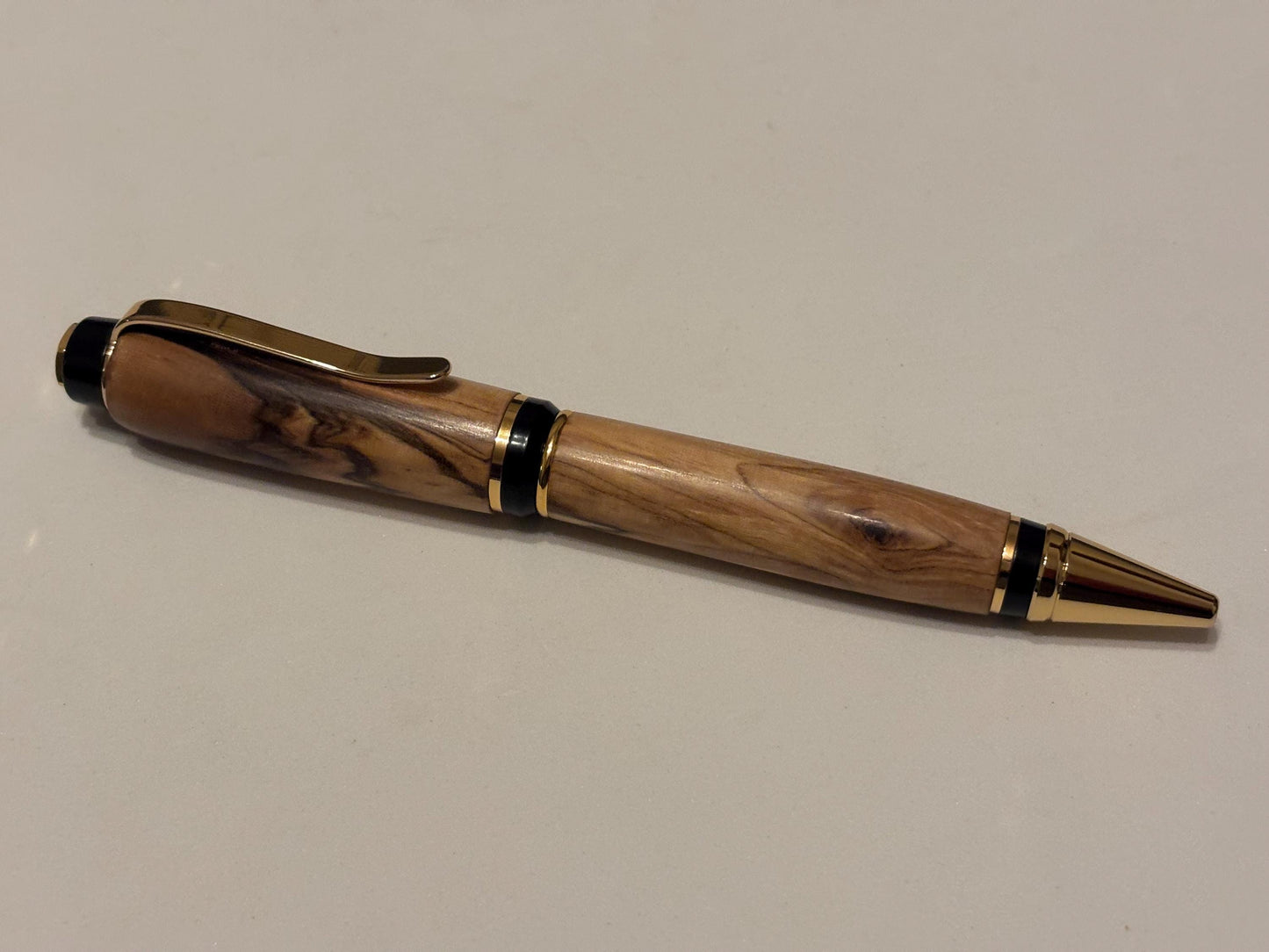 Holy Land Ballpoint Pen - Bethlehem Olive Wood - Gold and Black Fittings, Chunky Cigar Style Pen, Beautiful Patterned Grain, Totally Unique