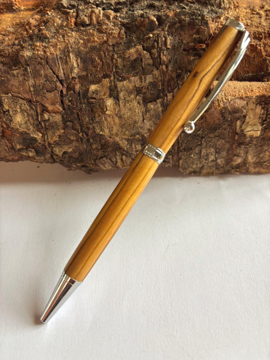 Bethlehem Olive Wood Ballpoint Pen - Chrome Fittings, Slimline