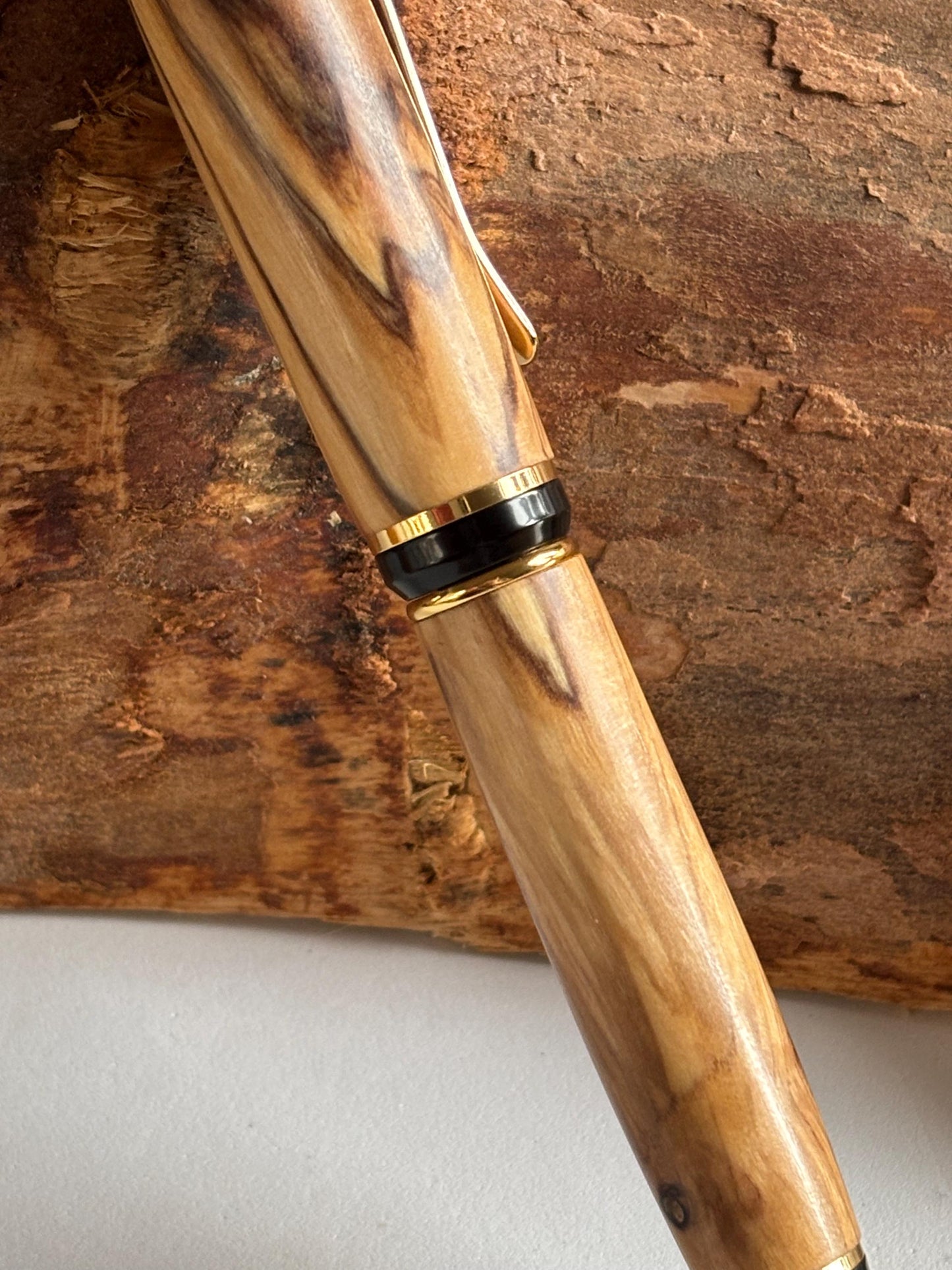 Holy Land Ballpoint Pen - Bethlehem Olive Wood - Gold and Black Fittings, Chunky Cigar Style Pen, Beautiful Patterned Grain, Totally Unique