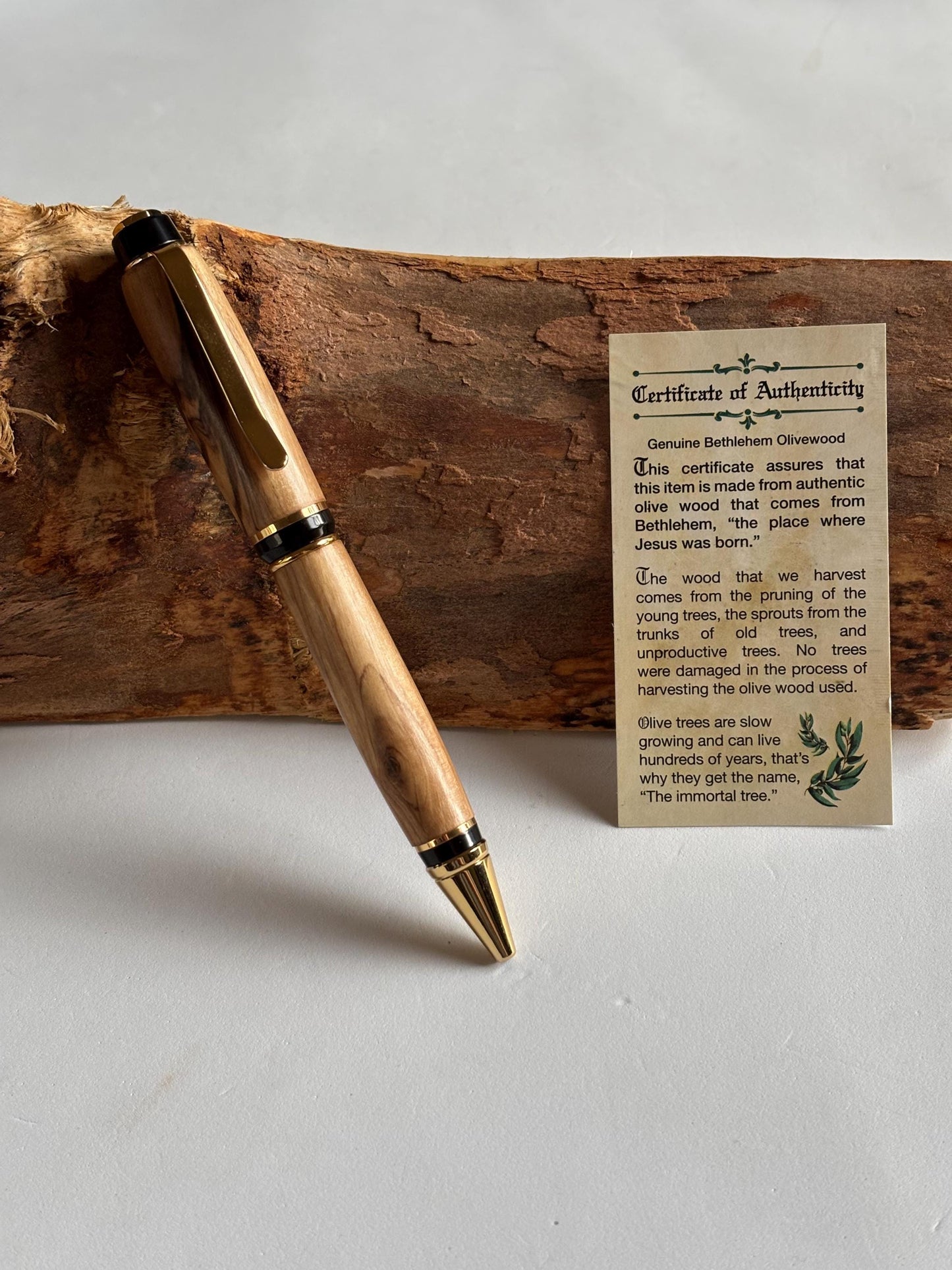 Holy Land Ballpoint Pen - Bethlehem Olive Wood - Gold and Black Fittings, Chunky Cigar Style Pen, Beautiful Patterned Grain, Totally Unique