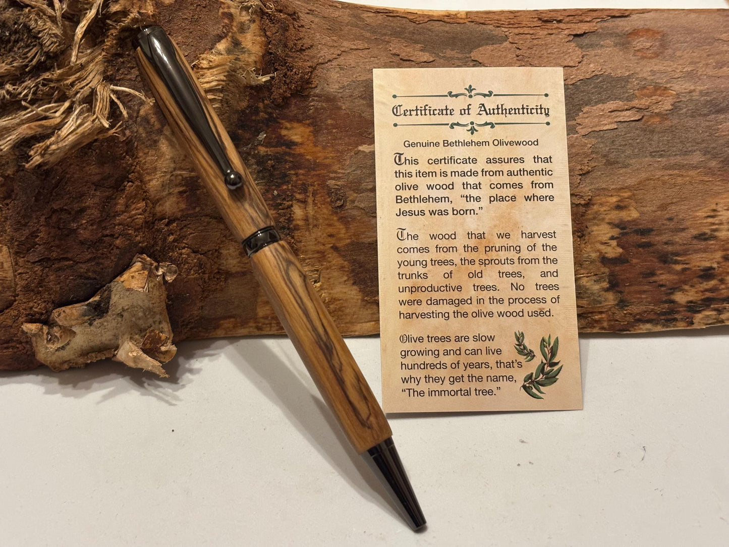 Holy Land Ballpoint Pen - Bethlehem Olive Wood - Gunmetal Fittings, Christmas Gift