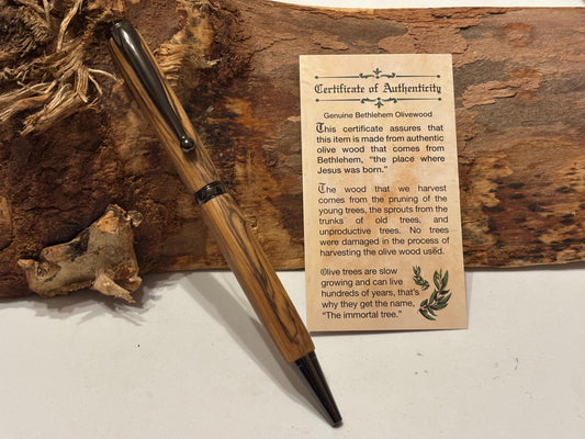 Holy Land Ballpoint Pen - Bethlehem Olive Wood - Gunmetal Fittings, Christmas Gift