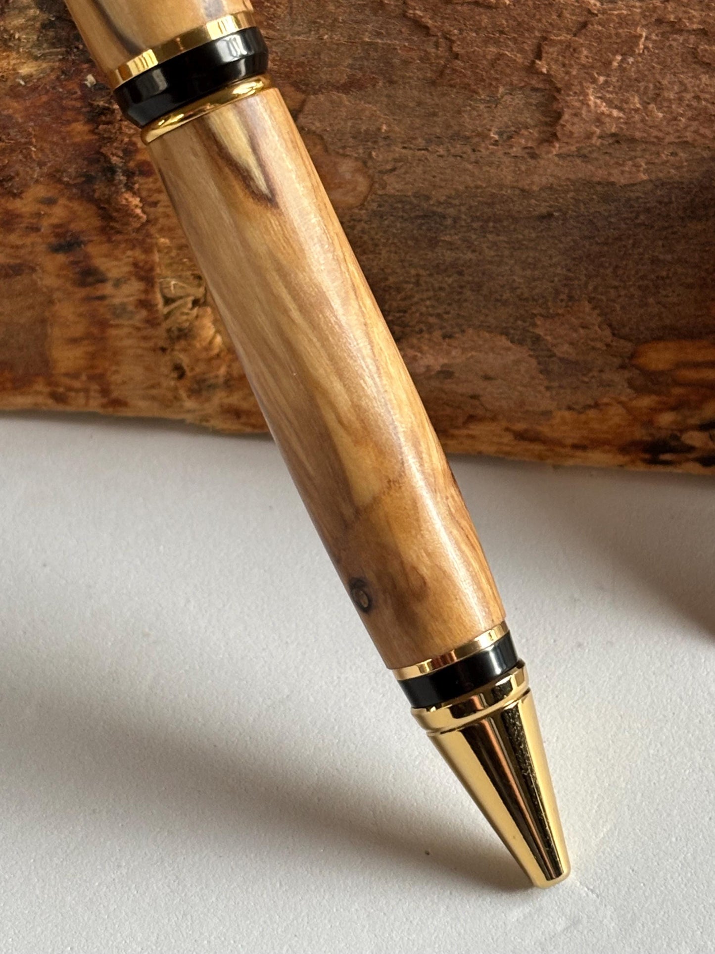 Holy Land Ballpoint Pen - Bethlehem Olive Wood - Gold and Black Fittings, Chunky Cigar Style Pen, Beautiful Patterned Grain, Totally Unique