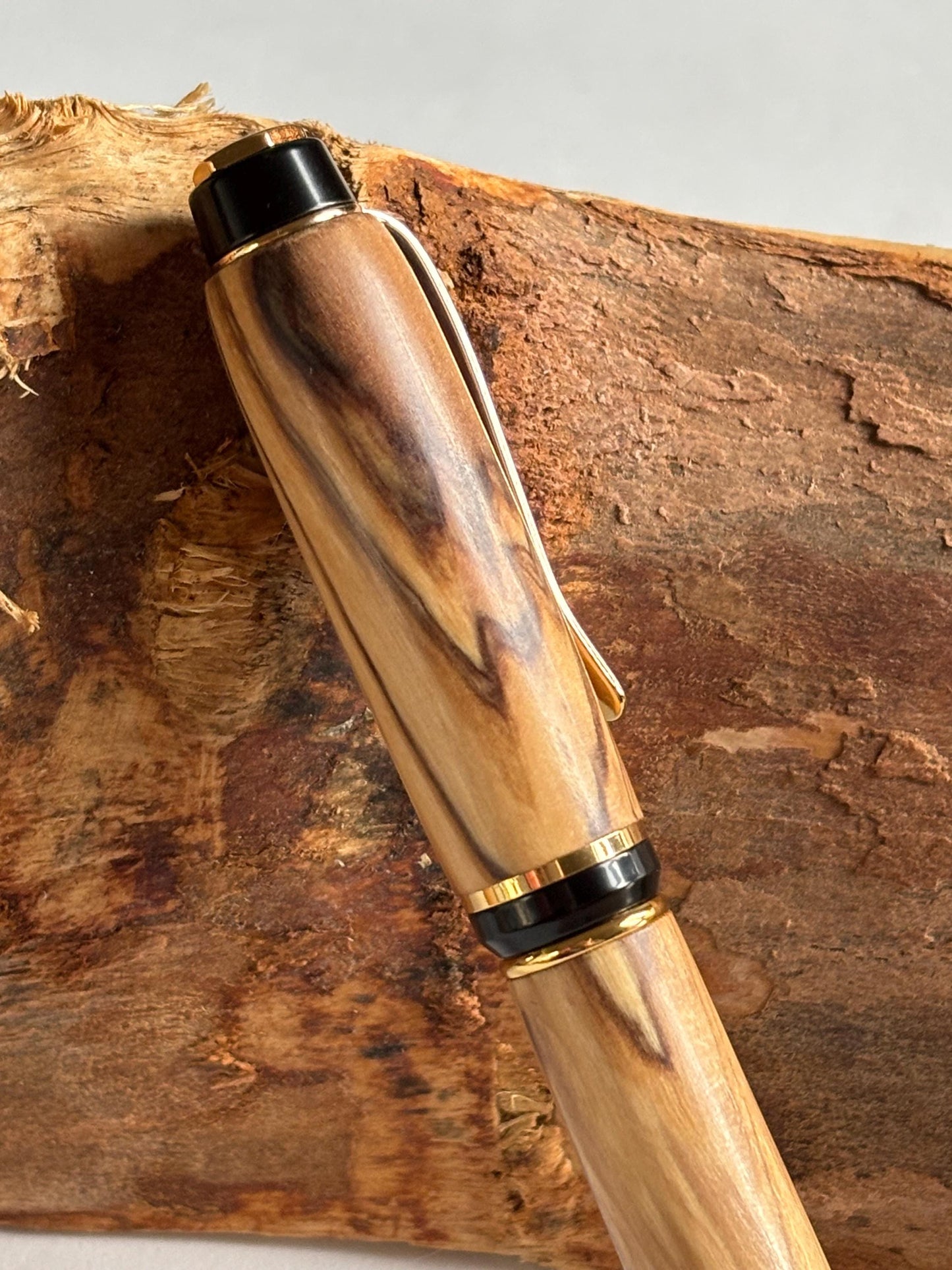 Holy Land Ballpoint Pen - Bethlehem Olive Wood - Gold and Black Fittings, Chunky Cigar Style Pen, Beautiful Patterned Grain, Totally Unique