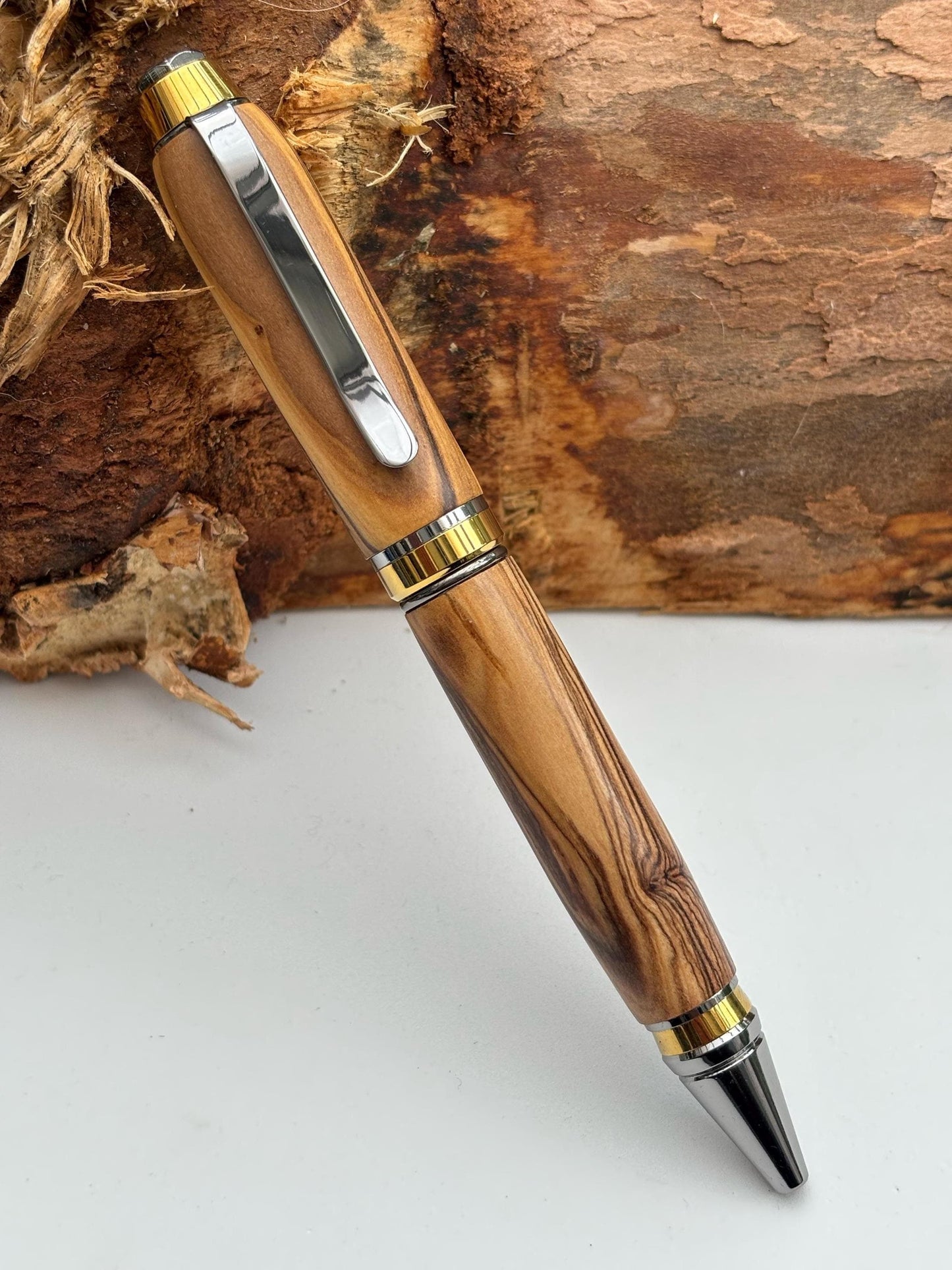 Holy Land Ballpoint Pen - Bethlehem Olive Wood - Gold and Chrome Fittings, Chunky Cigar Style Pen, Beautiful Patterned Grain, Totally Unique