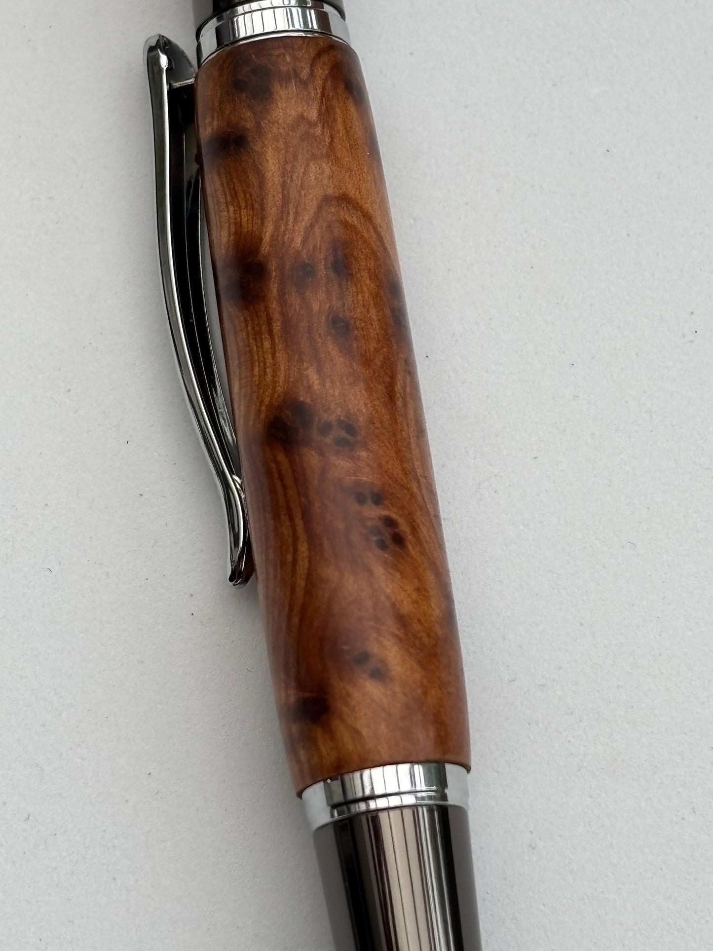 Artisan  Handmade Thuya Burl Pen with Gunmetal Accents | Elegant Twist Ballpoint | Executive Desk Pen