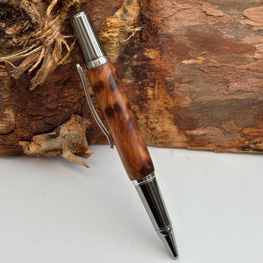 Artisan  Handmade Thuya Burl Pen Black Titanium with Rhodium Accents | Elegant Twist Ballpoint | Executive Desk Pen