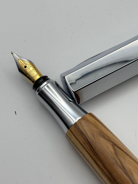 Holy Land Fountain Pen - Hand Turned From Bethlehem Olive Wood - Modern Contemporary Design I Chrome Fittings