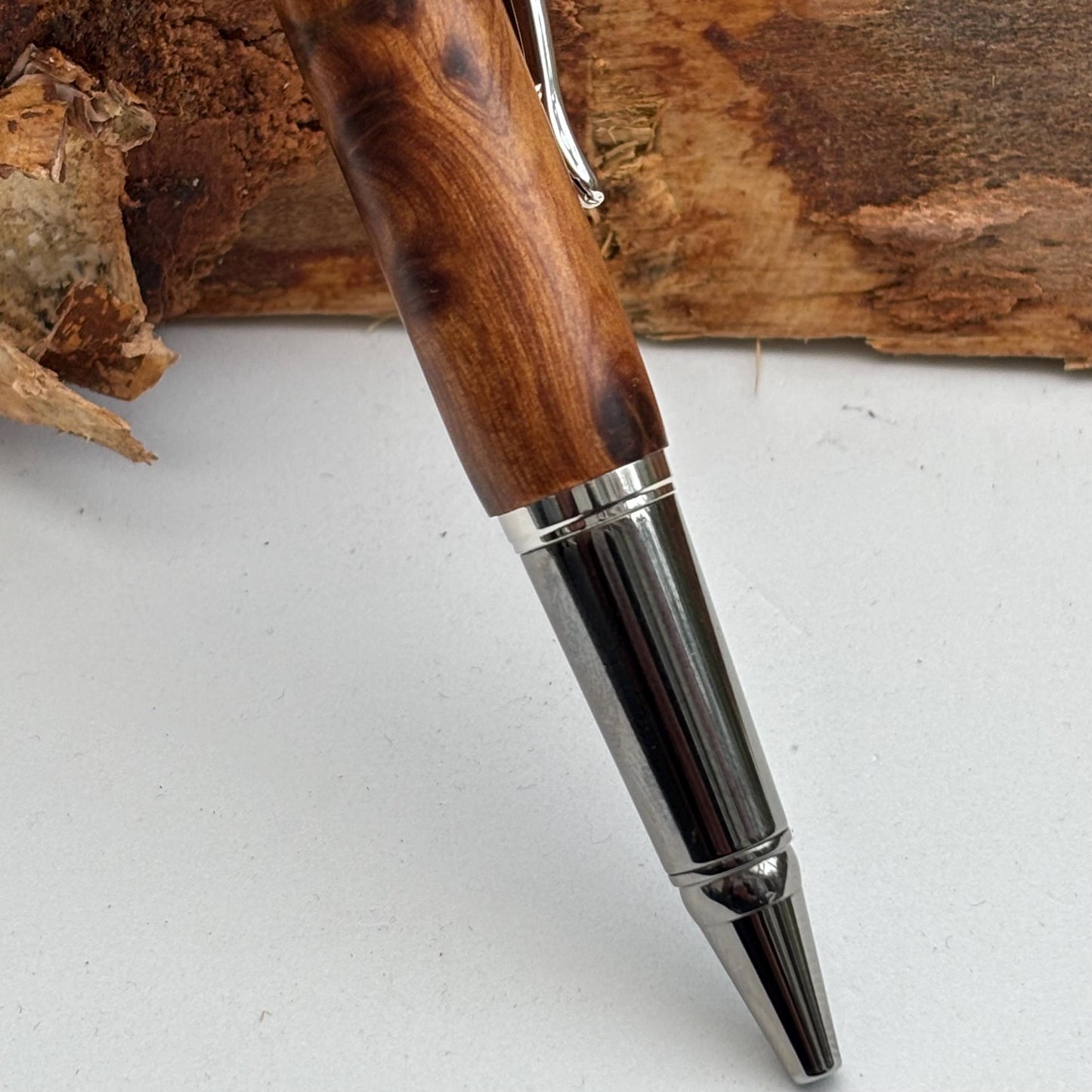 Artisan  Handmade Thuya Burl Pen Black Titanium with Rhodium Accents | Elegant Twist Ballpoint | Executive Desk Pen