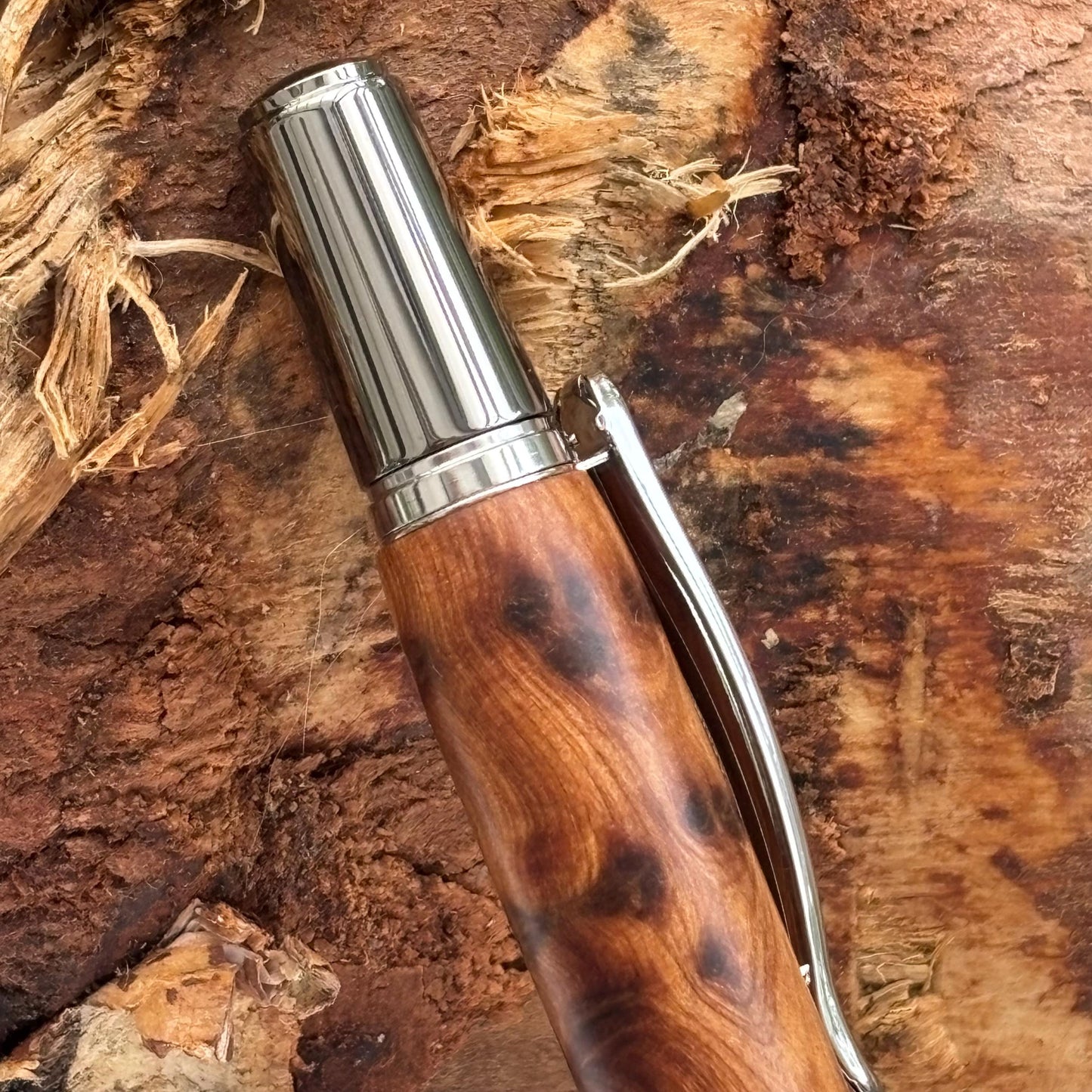 Artisan  Handmade Thuya Burl Pen Black Titanium with Rhodium Accents | Elegant Twist Ballpoint | Executive Desk Pen