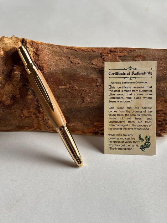 Holy Land Ballpoint Pen - Unusual Styling - Handmade from  Certified Bethlehem Olive Wood